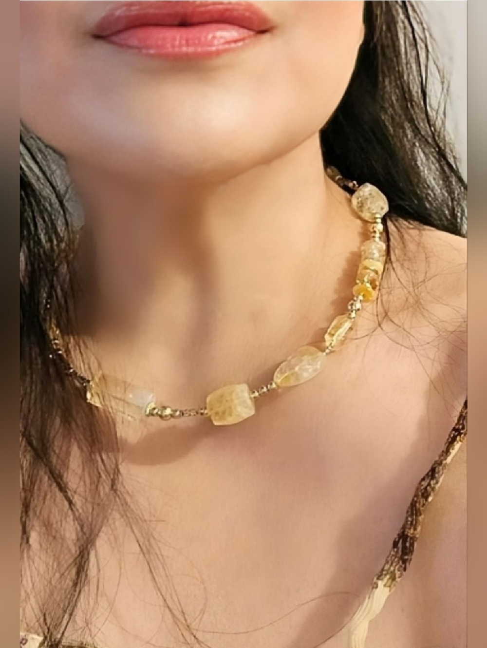 Chunky Citrine In Large Stones & Beads For Earthy Look In Gold Plated Necklace